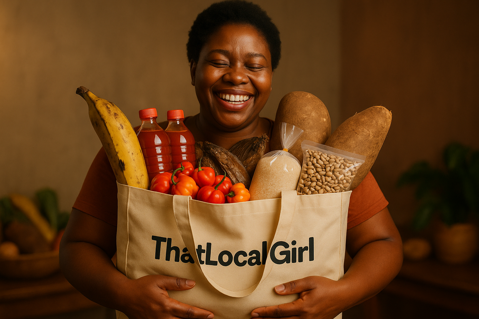 i need an image that represents happy customer with a bag that has ThatLocalGirl on it full of nigreerian grocery